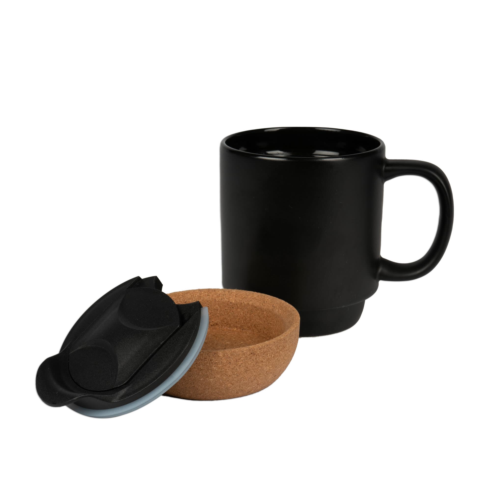 Keramický hrnček BEN s odnímateľným korkovým dnom, plastový vrchnák, čierny matný, 36 ks/kartón