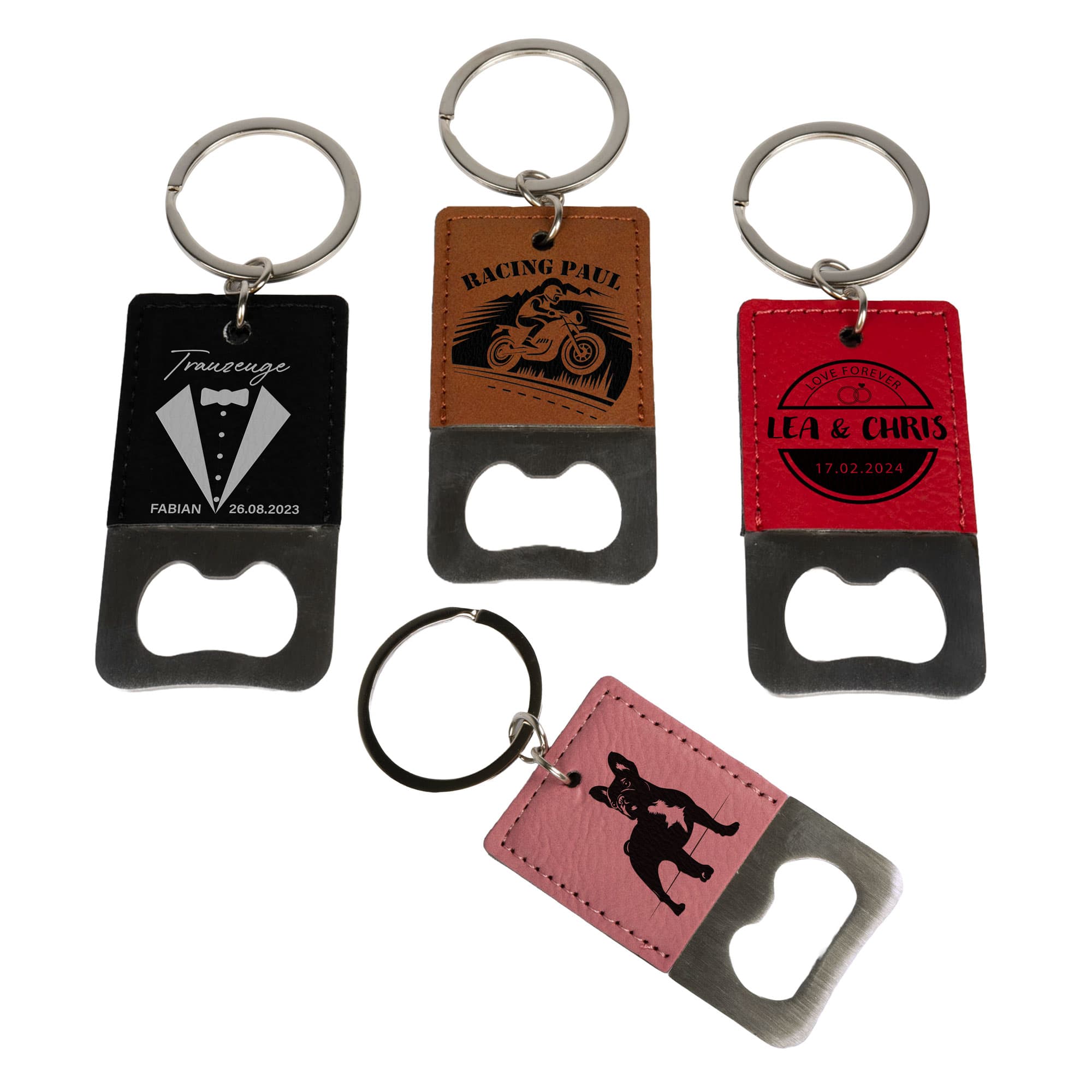 Kľúčenka s laserovým otváračom na fľaše z nehrdzavejúcej ocele s imitáciou kože, rôzne farby