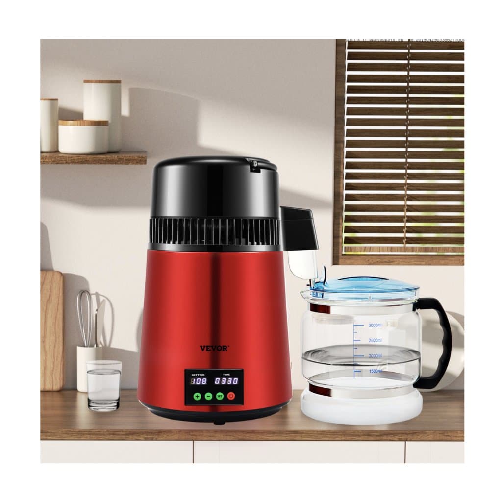 4l destilačný prístroj na vodu, 1l/h, 750W destilovaná voda s displejom nastavenia teploty 0-99H, nehrdzavejúca oceľ 304, stolový sklenený destilačný prístroj, čistiaci prášok na karafu, balenie 3 ks, karbón, červený