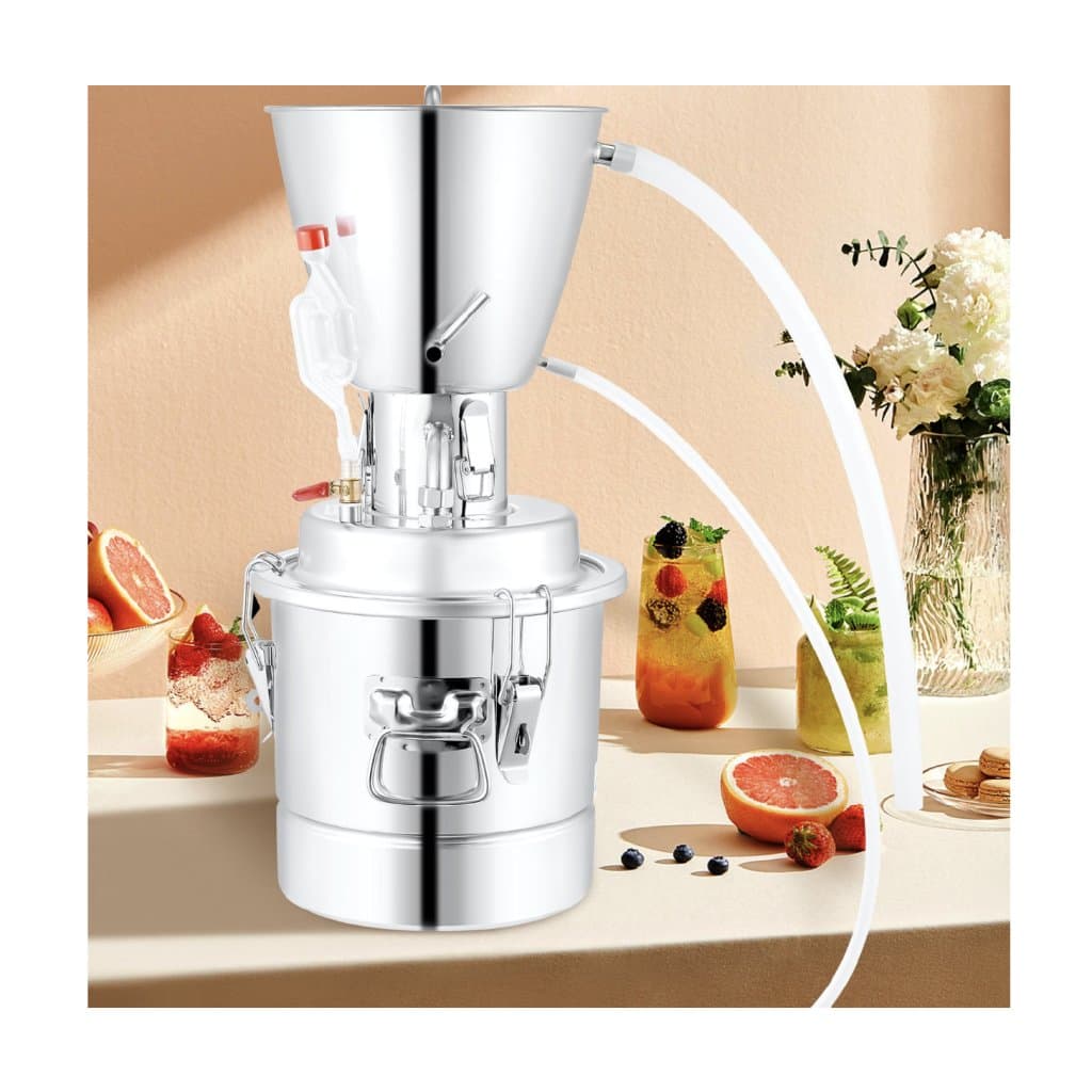 Súprava na destiláciu vody s objemom 13 galónov a objemom 50 litrov, domáci destilačný prístroj obsahuje rúrku z nehrdzavejúcej ocele 304, obehové čerpadlo, vstavaný teplomer a výfukový otvor.