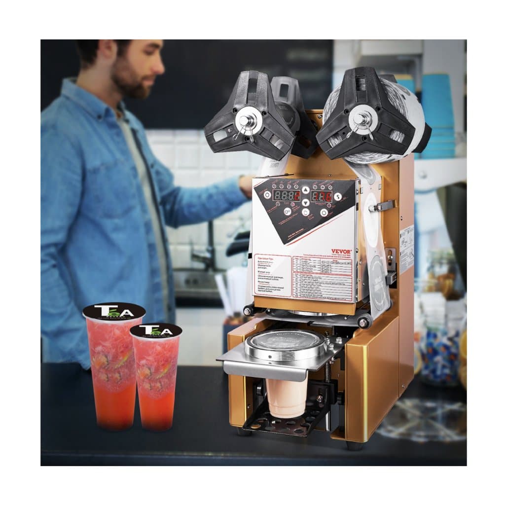 Plne automatická uzatváračka šálok, 500-650 šálok/h, uzatváračka šálok pre šálky s výškou 190 mm a priemerom 90/95 mm, elektrická uzatváračka čaju Boba s digitálnym LCD ovládacím panelom na bubble tea, kávu, gold