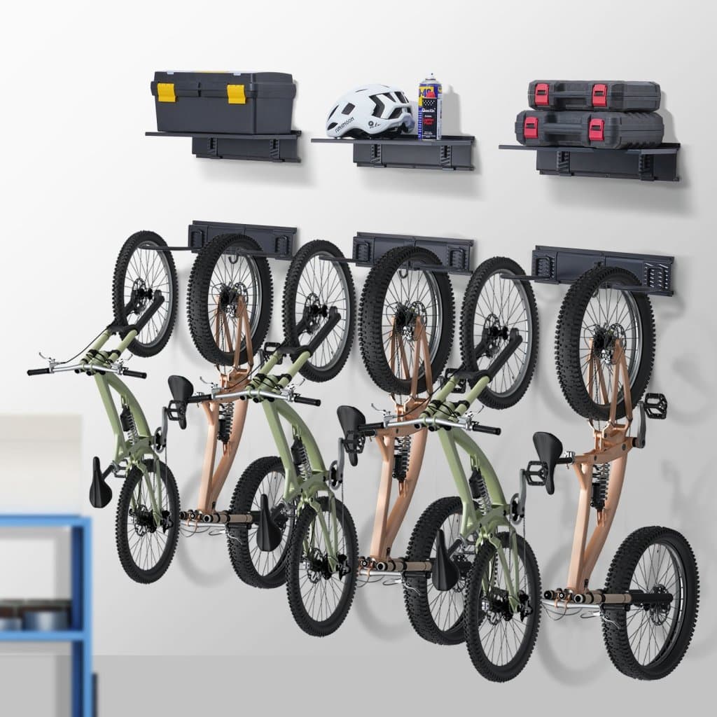 Stojan na bicykle, nástenný držiak bicyklov do garáže a 3 police pre 6 bicyklov