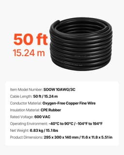 50 FT (15,24 m) 10AWG (6 mm²) prémiový elektrický napájací kábel, medený predlžovací kábel - miniatúra 11