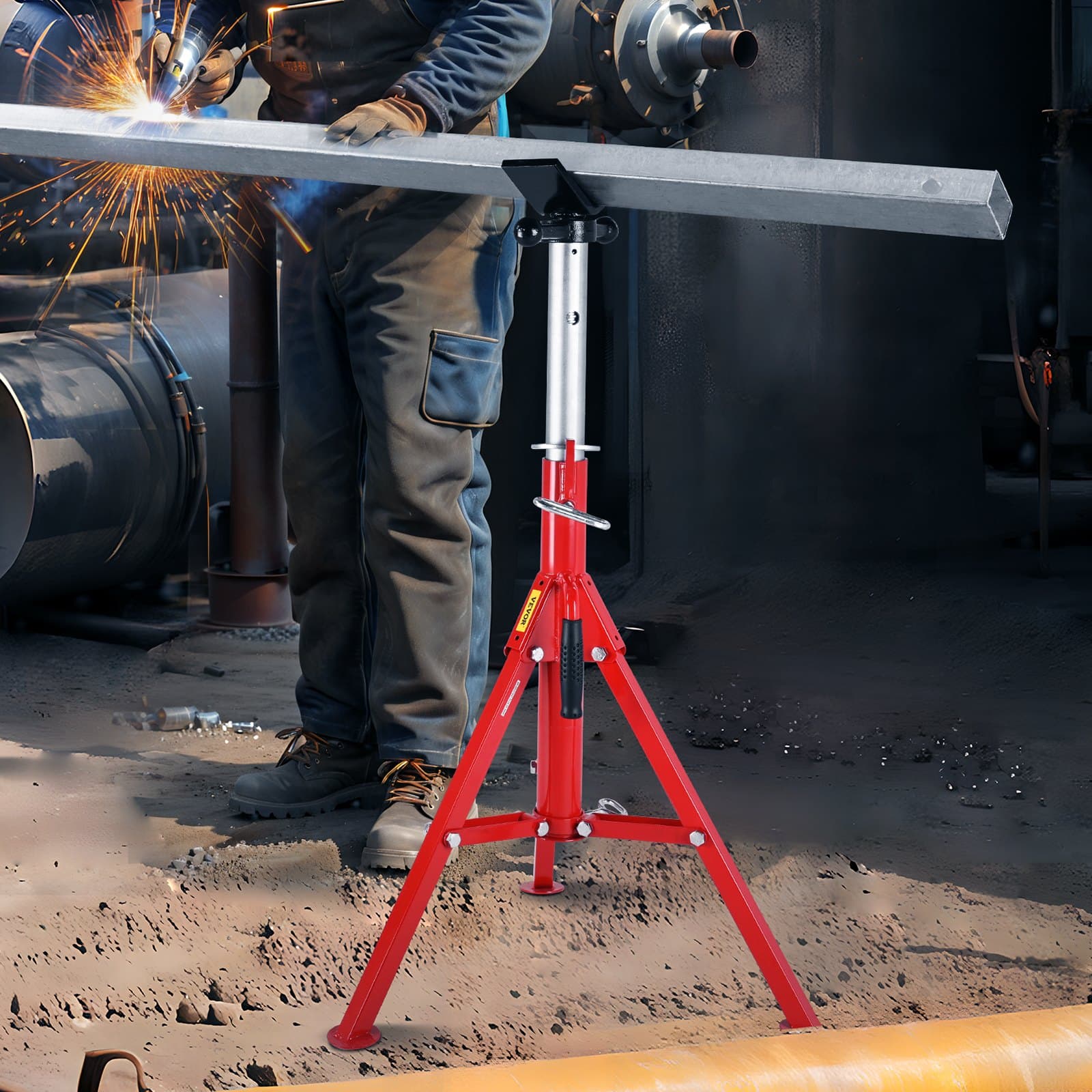 Stojan na rúry s hlavou V, nastaviteľná výška 71,1–132,1 cm, zdviháky na rúry s nosnosťou 2500 libier, skladací prenosný vysoký skladací stojan na rúry s hlavou V, skladacie zdviháky na prívesy A