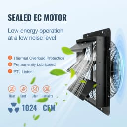 Ventilátor s klapkou, 356 mm s regulátorom teploty a vlhkosti, EC motor, 1024 CFM, nastaviteľná rýchlosť, nástenný ventilátor do podkrovia, vetranie a chladenie pre skleníky, garáže, prístrešky - miniatúra 8