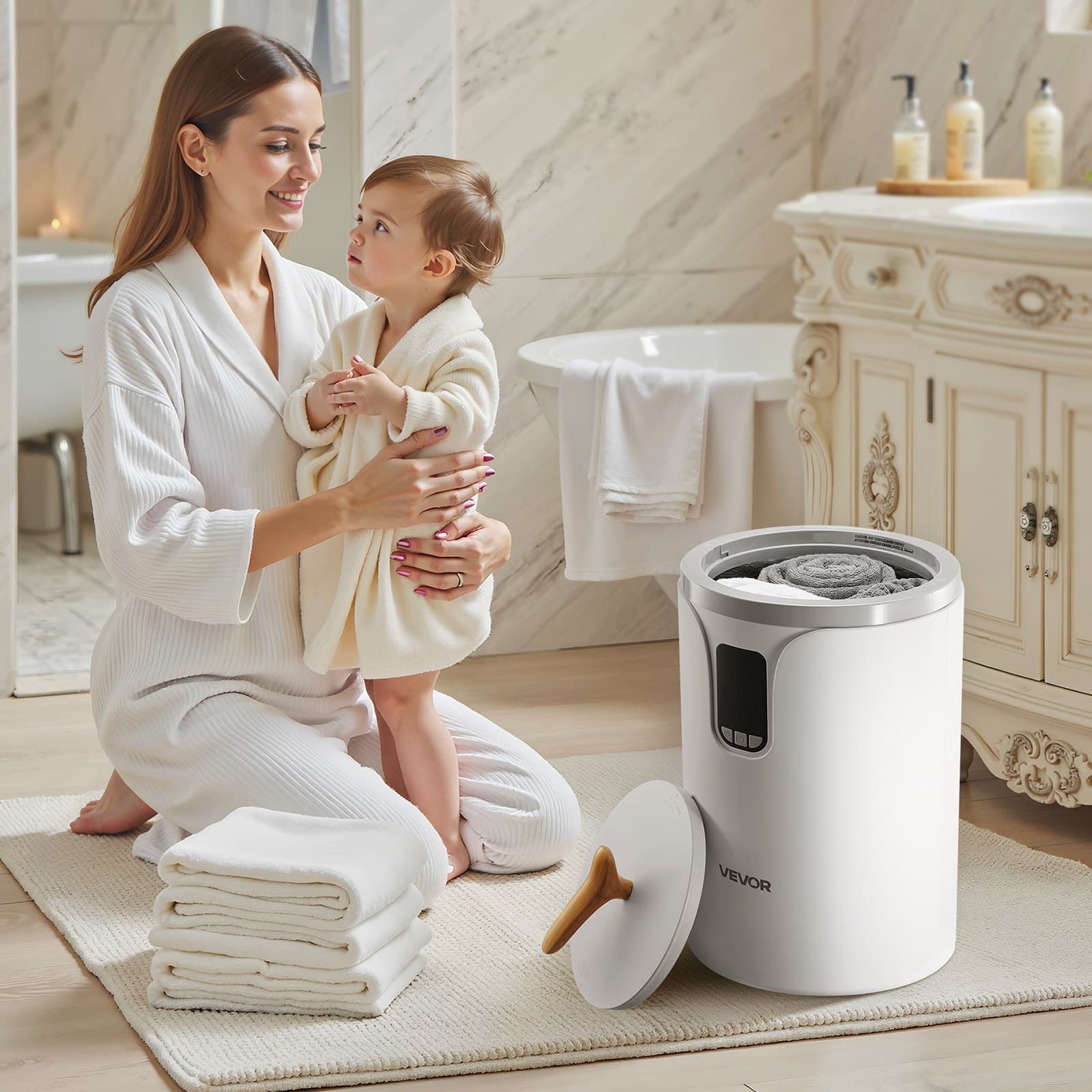Vedro na ohrievač uterákov, 20l vyhrievaný ohrievač uterákov s LED obrazovkou, veľké ohrievače prikrývok do kúpeľne, časovač a nastavenie teploty, bezpečnostný zámok, ideálne do kúpeľne, domov, na kuchynskú linku, na podlahu, biele