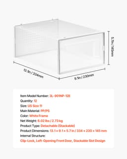 Úložné boxy na topánky, 12 stohovateľných úložných organizérov na topánky, vhodné do veľkosti US 11, plastové modulárne priestorovo úsporné boxy na tenisky na uloženie vysokých podpätkov, čižiem a klobúkov, biely rám - miniatúra 11