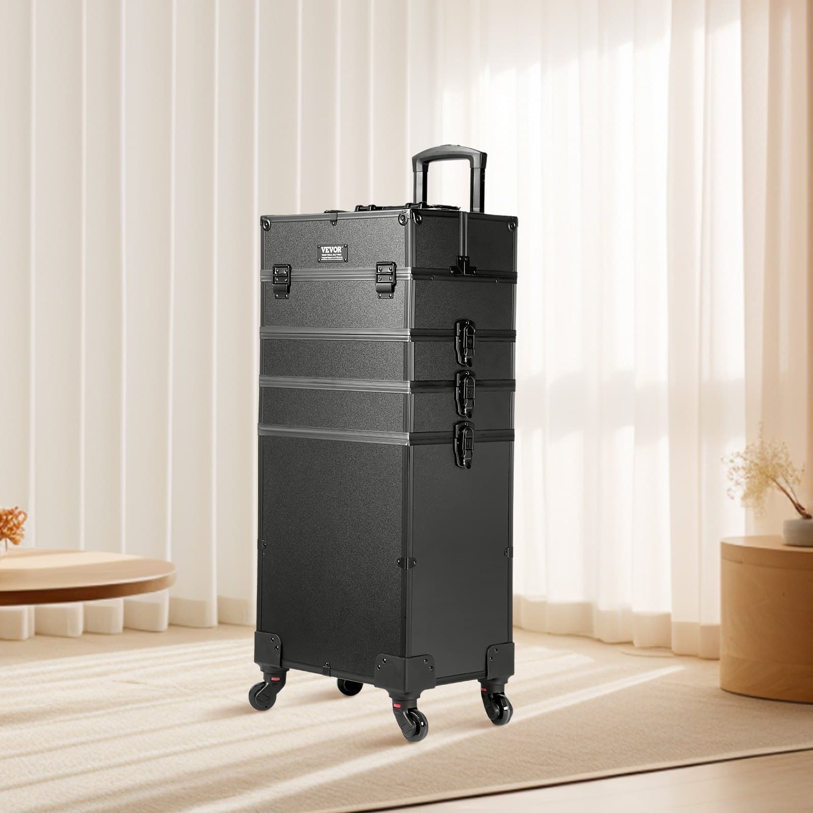 Profesionálny kufrík na make-up 5 v 1, hliníkový kufrík na kozmetiku, extra veľký kufrík na make-up, cestovný organizér na kolieskach s otočnými kolieskami o 360° a nastaviteľnou tiahlom, čierny
