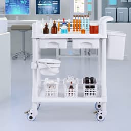 Laboratórne vozíky s 2 úrovňami, laboratórny úžitkový vozík s 2 podnosmi, 2 zásuvkami a 4 tichými kolieskami, mobilný zdravotnícky vozík s PP materiálom, laboratórny vozík na kolieskach s 3 odpadkovými košmi pre laboratórium, kliniku, nemocnicu, salón, biely - miniatúra 1