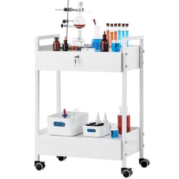 Laboratórny vozík, 2-úrovňový úžitkový vozík z nehrdzavejúcej ocele, zdravotnícky vozík s 2 zásuvkami, kolieskový laboratórny vozík, biely náter, servírovací vozík s otočnými kolieskami pre laboratóriá, nemocnice, zubné lekárne, salóny krásy a kozmetické salóny. - miniatúra 3