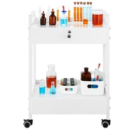 Laboratórny vozík, 2-úrovňový úžitkový vozík z nehrdzavejúcej ocele, zdravotnícky vozík s 2 zásuvkami, kolieskový laboratórny vozík, biely náter, servírovací vozík s otočnými kolieskami pre laboratóriá, nemocnice, zubné lekárne, salóny krásy a kozmetické salóny. - miniatúra 12