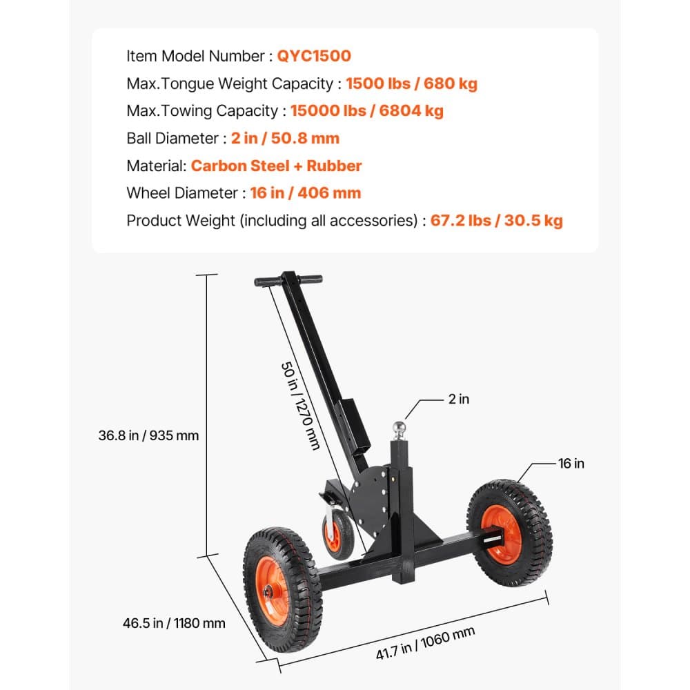 Prenosný ťažný vozík na príves, nosnosť 726 kg, 2 v 1 s guľou 2 palce, 40 cm pneumatikami a univerzálnym kolesom, prenosný ťažný vozík na presun automobilu alebo karavanu