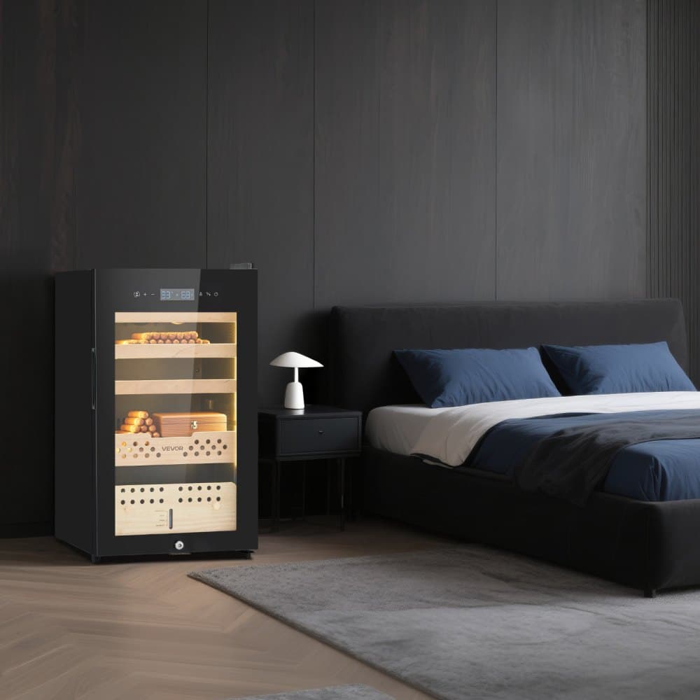 Elektrický humidor, 70 l, skrinka na elektrické cigary na 400 kusov s kompresorovým chladením, konštantnou reguláciou vlhkosti a teploty, poličky a zásuvky zo španielskeho cédrového dreva, 4 poschodia, pre domácnosť