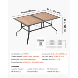 Vonkajší jedálenský stôl na terasu, 150 cm dlhý obdĺžnikový záhradný bistro stolík z ocele imitujúcej drevo pre 4-6 osôb, s 38 mm otvorom pre slnečník, veľký nábytok do každého počasia na záhradnú verandu, hnedý - miniatúra 11