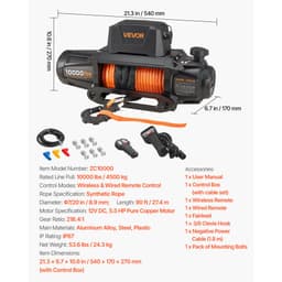 Elektrický navijak, nosnosť 4500 kg, 12V DC navijak pre nákladné vozidlá so syntetickým lanom Φ8,9 mm x 27,4 m, bezdrôtové a káblové diaľkové ovládanie, vodotesný IP67 na ťahanie terénneho SUV, jeepu, prívesu, lode - miniatúra 11