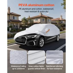Plachta na auto, vodotesná plachta na auto pre stredne veľké európske sedany, na mieru prispôsobená do každého počasia, ochrana pred slnkom, dažďom, vetrom, prachom a snehom, kompletná vonkajšia plachta so zipsom na dverách a bavlnenou podšívkou, strieborná - miniatúra 7