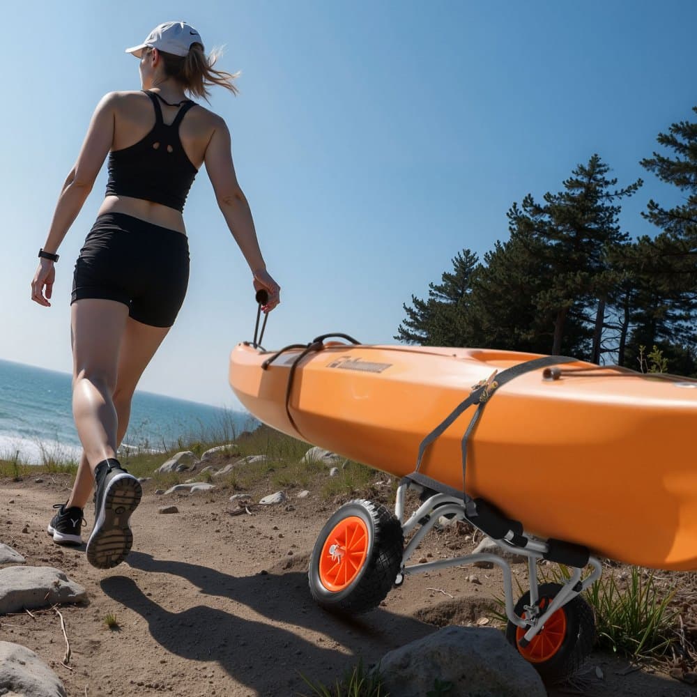 Kajakársky vozík, nosnosť 113,4 kg, skladací kajakársky vozík s 25,4 cm plnými gumovými pneumatikami a 1 račňovým popruhom, vozík na paddleboardy na prepravu kajakov, kanoí, paddleboardov, plaveckých podložiek a člnov Jon Boats