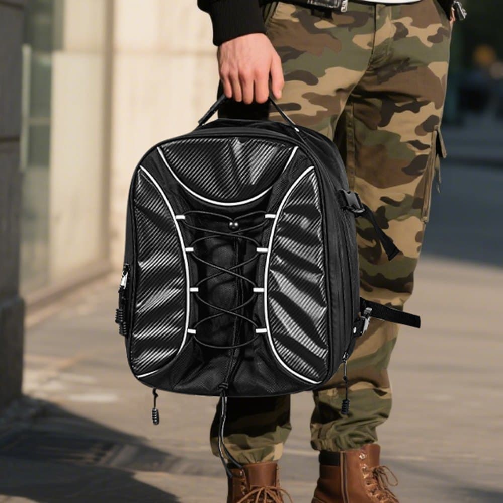 Taška na zadné sedadlo motocykla, rozšíriteľná taška na zadné sedadlo motocykla s objemom 22 – 34 l s nepremokavým krytom dažďa, outdoorová športová taška na úschovu batožiny na motocykli s popruhmi, vreckom a elastickou šnúrkou, čierna