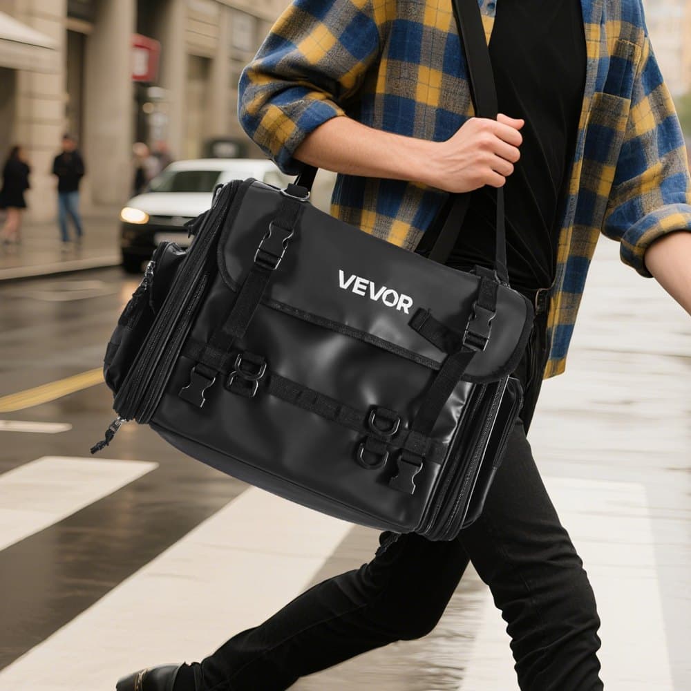 Brašna na zadné sedadlo motocykla, rozšíriteľná brašňa na zadné sedadlo motocykla s objemom 40-60 l s nepremokavou pláštenkou, skladací úložný priestor na batožinu pre vonkajšie športy s ramennými popruhmi, vreckom a elastickou šnúrkou, čierna