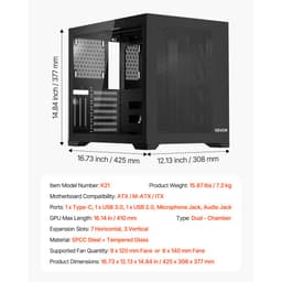 Skriňa pre PC typu Mid-Tower, dvojkomorová, herná počítačová skriňa s tvrdeným skleneným panelom, magnetický prachový filter, správa káblov, pre grafické karty do dĺžky 410 mm, kompatibilná s ATX/M-ATX/ITX, bez ventilátora - miniatúra 11