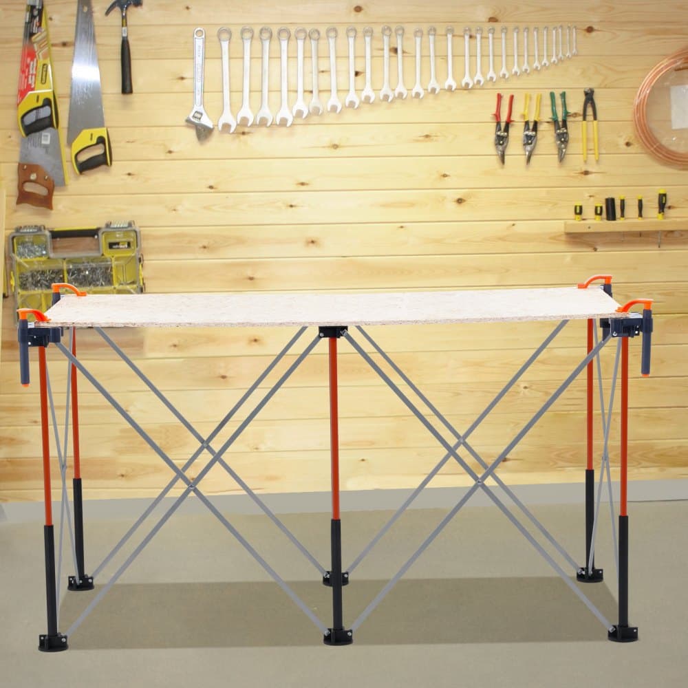 Prenosný skladací pracovný stojan, skladací pracovný stôl 1266 x 665 mm, nosnosť 1135 kg, bez montáže, skladací pracovný stojan s úložným vreckom, doska stola NIE JE súčasťou balenia, pre garážové a dielenské použitie vonku