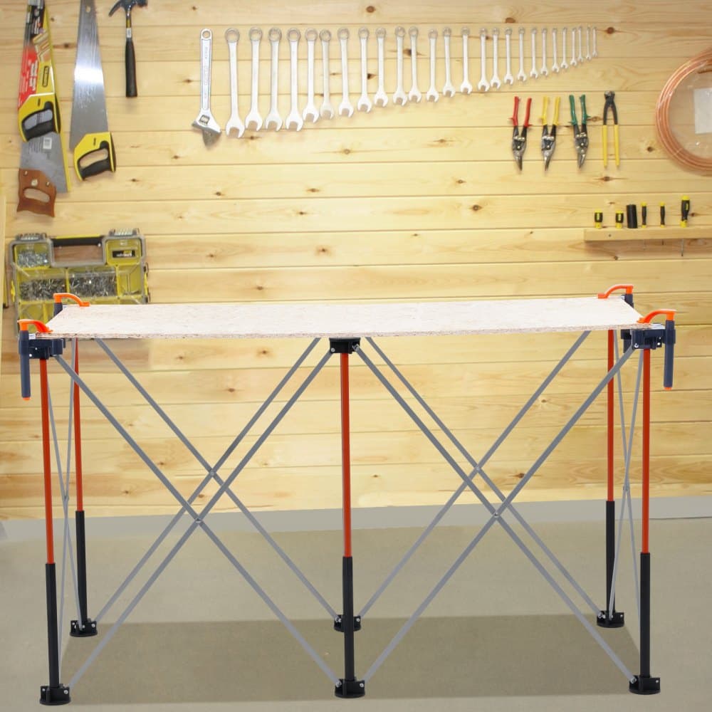 Prenosný skladací pracovný stojan, skladací pracovný stôl 1267 x 665 mm, nosnosť 1135 kg, bez montáže, skladací pracovný stojan s úložným vreckom, doska stola NIE JE súčasťou balenia, pre garáž a dielňu vonku