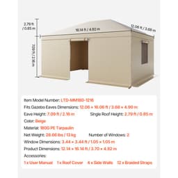 Zimný kryt na altánok vhodný pre altánky s pevnou strechou s rozmermi 3,68 x 4,9 m, kryt na altánok do každého počasia s bočnými stenami a oknami, materiál PE s vysokou hustotou, kryty na uzavretý úložný priestor, altánky nie sú súčasťou balenia. - miniatúra 11
