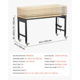 Nastaviteľný pracovný stôl 1524 mm, nosnosť 907 kg, pracovný stôl so zásuvkou, kolieskami a dierovanou doskou, odolný pracovný stôl z dubového dreva do garáže, dielne, kancelárie a domácnosti. - miniatúra 11