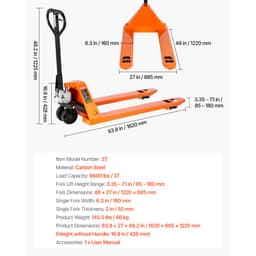 Paletový vozík, nosnosť 3T, manuálny paletový vozík s vidlicami 122D x 68,6Š cm na manipuláciu s materiálom, rozsah výšky zdvihu vysokozdvižného vozíka 85-180 mm, vhodný pre sklady, supermarkety, výrobu - miniatúra 11