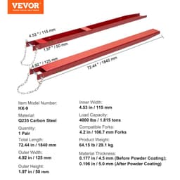 Predĺženia paletových vidlíc, dĺžka 1840 mm, šírka 115 mm, vysokovýkonné predĺženia vidlíc z uhlíkovej ocele pre vysokozdvižné vozíky, 1 pár predĺžení vidlíc s čapmi, nadstavce vidlíc pre vysokozdvižný vozík, červené - miniatúra 7