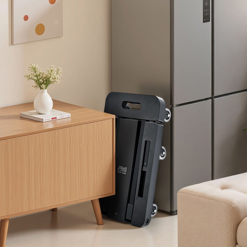 Skladací ručný vozík, nosnosť 226,8 kg, skladací batožinový vozík so 6 kolesami, 2 elastickými lanami a roztiahnuteľnou základňou, užitočný plošinový vozík na sťahovanie batožiny na letisku, do kancelárie, čierny