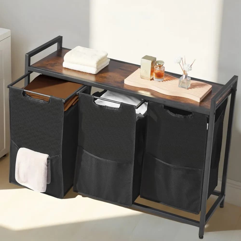 3-dielny triedič bielizne, veľký kôš na bielizeň s kovovým rámom a drevenou doskou, voľne stojace úložné koše s výsuvnými vrecami z oxfordskej látky 600D na špinavé oblečenie, kúpeľňa