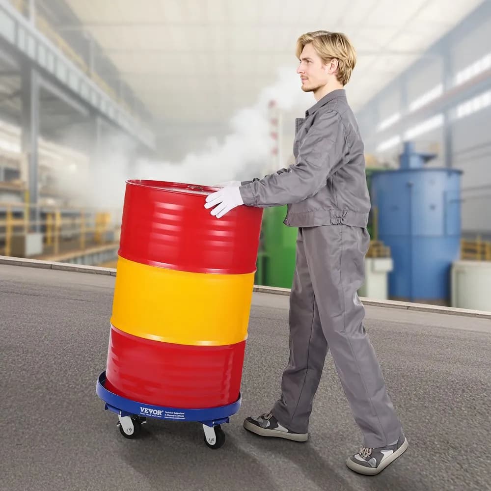 55-galónový sudový vozík, nosnosť 2000 libier, vysokovýkonný sudový vozík s priečnymi výstuhami a 4 otočnými kolieskami, neprevrátiteľný ručný vozík s nosnosťou pre manipuláciu so sudmi v sklade, modrý