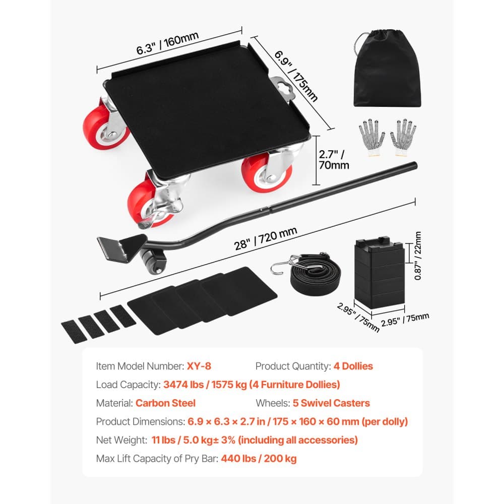 Nábytkový vozík, maximálne zaťaženie 1674 kg, vysokovýkonný sťahovák nábytku s 5 kolieskami s rotáciou 360°, panel z uhlíkovej ocele, sada náradia na posuvné zdvíhanie nábytku pre spotrebiče, pohovku, chladničku, práčku