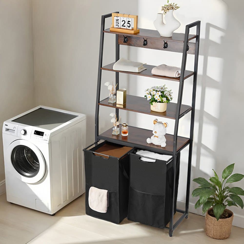 4-poschodový triedič bielizne, vysoký kôš na bielizeň s policami a háčikmi, 2-dielny voľne stojaci organizér na bielizeň s vrecami z oxfordskej látky 600D a rebríkovými policami na špinavé oblečenie, kúpeľňa