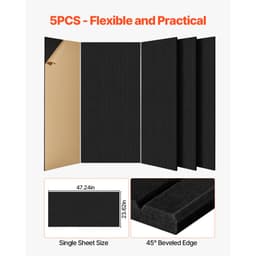 Balenie 5 akustických panelov so samolepiacou fóliou, zvukotesné penové panely s rozmermi 47,2 x 23,6 x 0,4 palca, zvukotesné stenové panely z polyesterových vlákien s vysokou hustotou, pre domácnosti, štúdiá, kancelárie, divadlá, čierne - miniatúra 10
