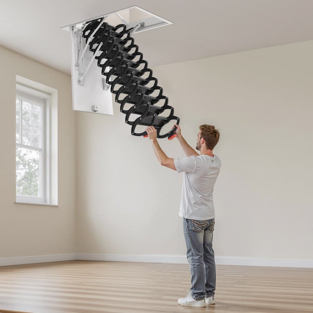 Povalový rebrík, nosnosť 660 libier/299,4 kg, vhodný pre výšku stropu 8,5 až 9,4 stôp a rozmery otvoru 39,4 x 27,5 palcov, výsuvný stropný schod z legovanej ocele s ťažnou tyčou pre povalovú strechu