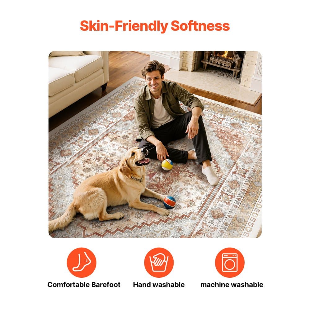 Koberec, veľký umývateľný koberec 9 x 12 stôp, protišmykový a odolný voči roztrhnutiu, vintage koberce vhodné pre domáce zvieratá a deti, rohožka do interiéru do spálne, obývačky, detskej izby, kancelárie, hnedočervený