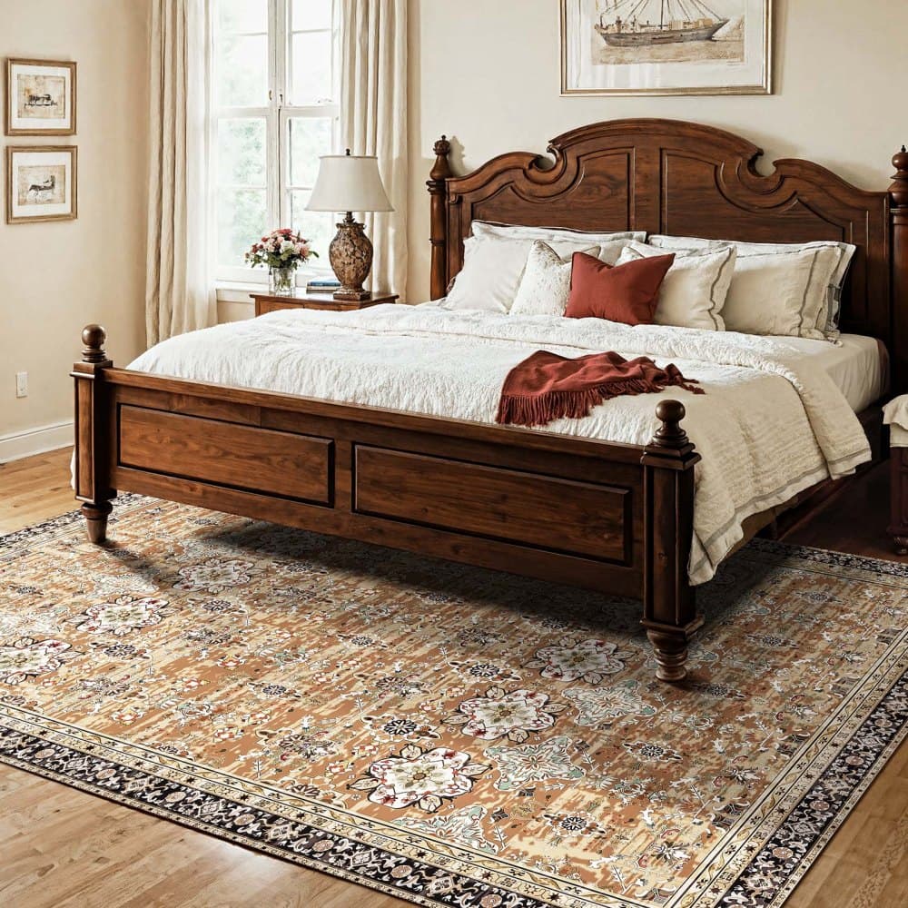 Koberec, 7,5 x 9,5 stôp veľký umývateľný koberec, protišmykový a odolný voči roztrhnutiu mäkký koberec, vintage koberce vhodné pre domáce zvieratá a deti, rohožka do interiéru do spálne, obývačky, kancelárie, vstupnej haly, hnedozelená