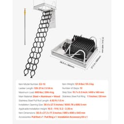 Povalový rebrík, nosnosť 299,4 kg, vhodný pre výšku stropu od 3,1 do 3,4 m a rozmery otvoru 94,4 x 73,5 cm, výsuvný stropný schod z legovanej ocele s ťažnou tyčou pre povalovú strechu - miniatúra 11