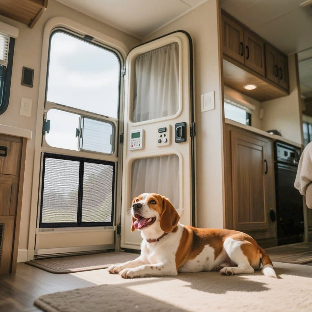 Ochranná sieťka na dvere obytného prívesu, mriežka dverí 571,5 x 508 mm, jednoduchá inštalácia a demontáž, vystužená priedušná ochranná sieťovina, ochrana vstupu do obytného prívesu z hliníkovej zliatiny na ochranu domácich zvierat, čierna