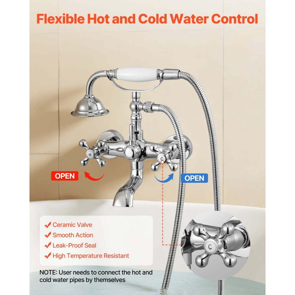 Vaňová batéria s pazúrovými nožičkami, nástenná vaňová batéria s ručnou sprchou, vintage leštená chrómová sprchová súprava s pazúrovými nožičkami, nastaviteľnými výkyvnými ramenami a 360° otočným výtokom pre vane