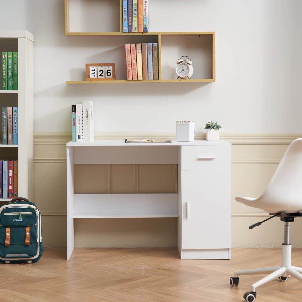 Malý písací stôl so zásuvkou, písací stôl do detskej izby, drevený, jednoduchý, biely