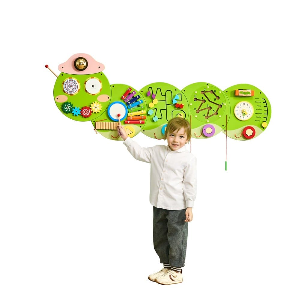 Nástenka s aktivitami Caterpillar, nástenné panely, 12 aktivít, senzorická nástenná hračka