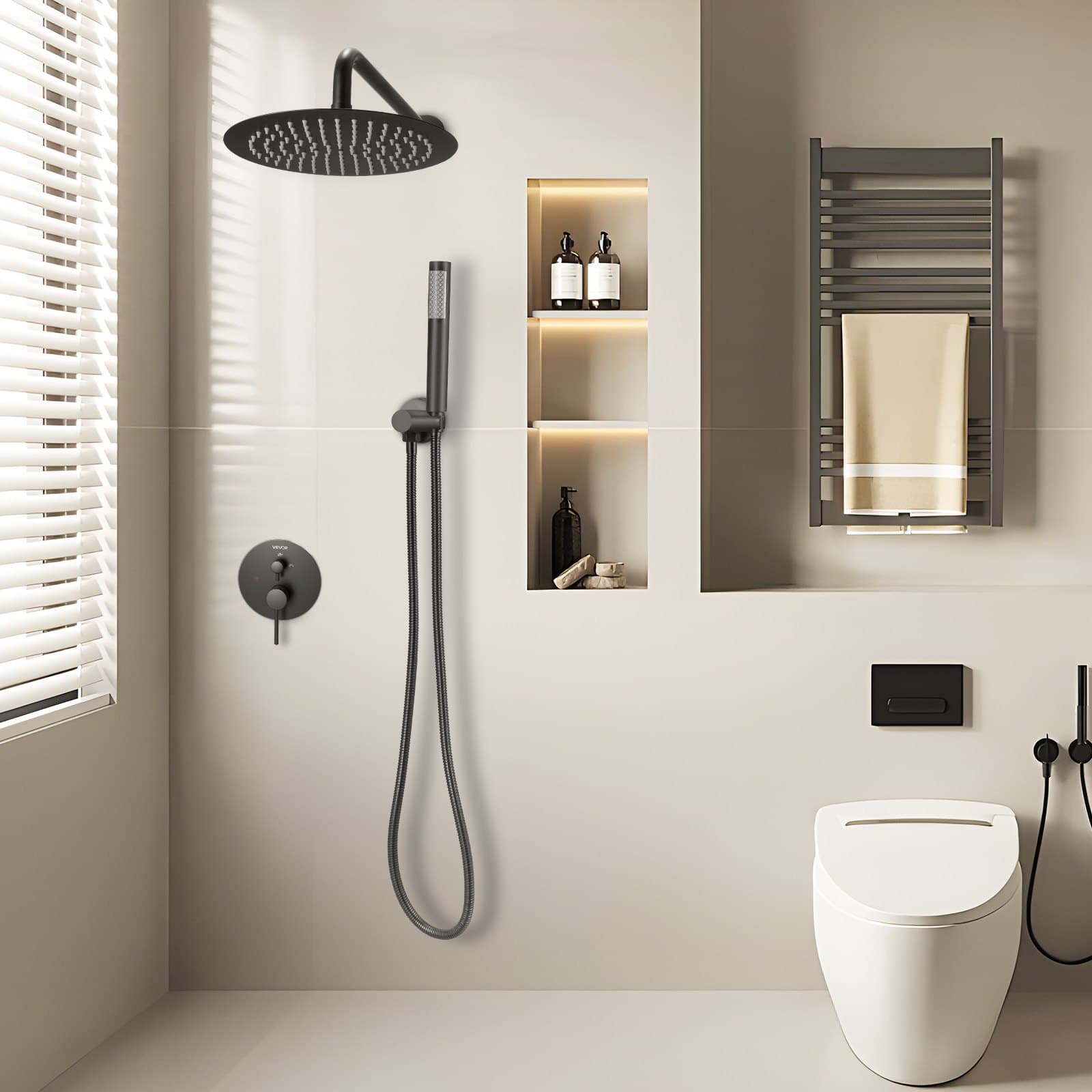 Sada sprchovej batérie, sprchový systém Rainfall do kúpeľne s okrúhlou sprchovou hlavicou Rain s priemerom 20,3 cm a ručnou sprchou, nástenné vaňové armatúry s mosadzným ventilom a obložkovou sadou, matná čierna