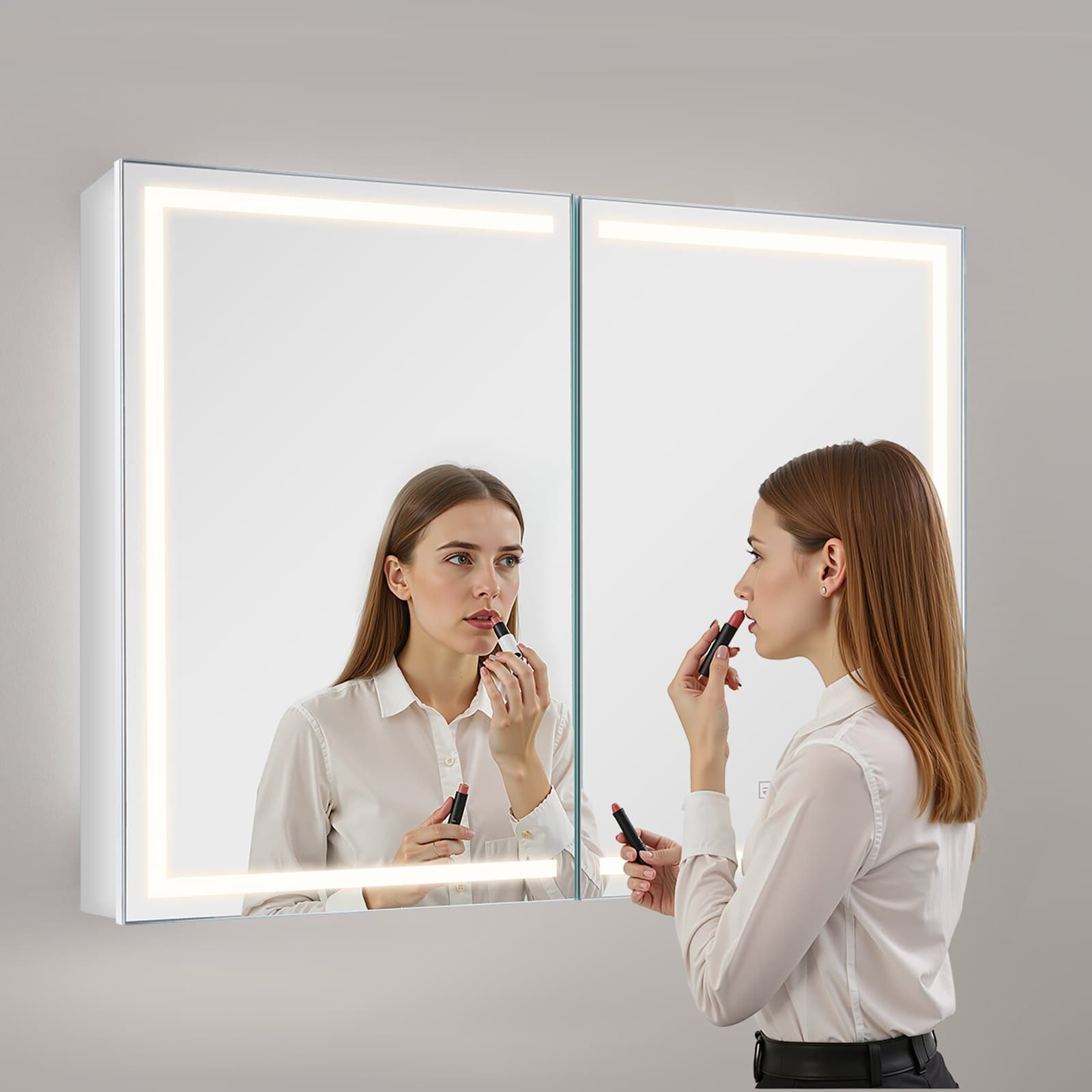 Osvetlená lekárnička so zrkadlom, 60 x 80 cm, nástenná, 3-farebná stmievateľná LED kúpeľňová lekárnička s HD zrkadlom, pamäťová funkcia/nastaviteľné police, úložný priestor/zásuvky a USB