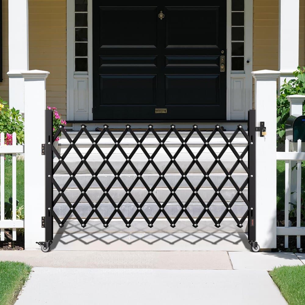 Jednoduchá skladacia bezpečnostná brána, uzamykateľná nožnicová brána s 360° otočnými kolieskami, vonkajšie oceľové výsuvné brány s barikádou, pre zabezpečenie vstupu, garáže, skladu a bazéna, 190 × 131 cm (Š × V)