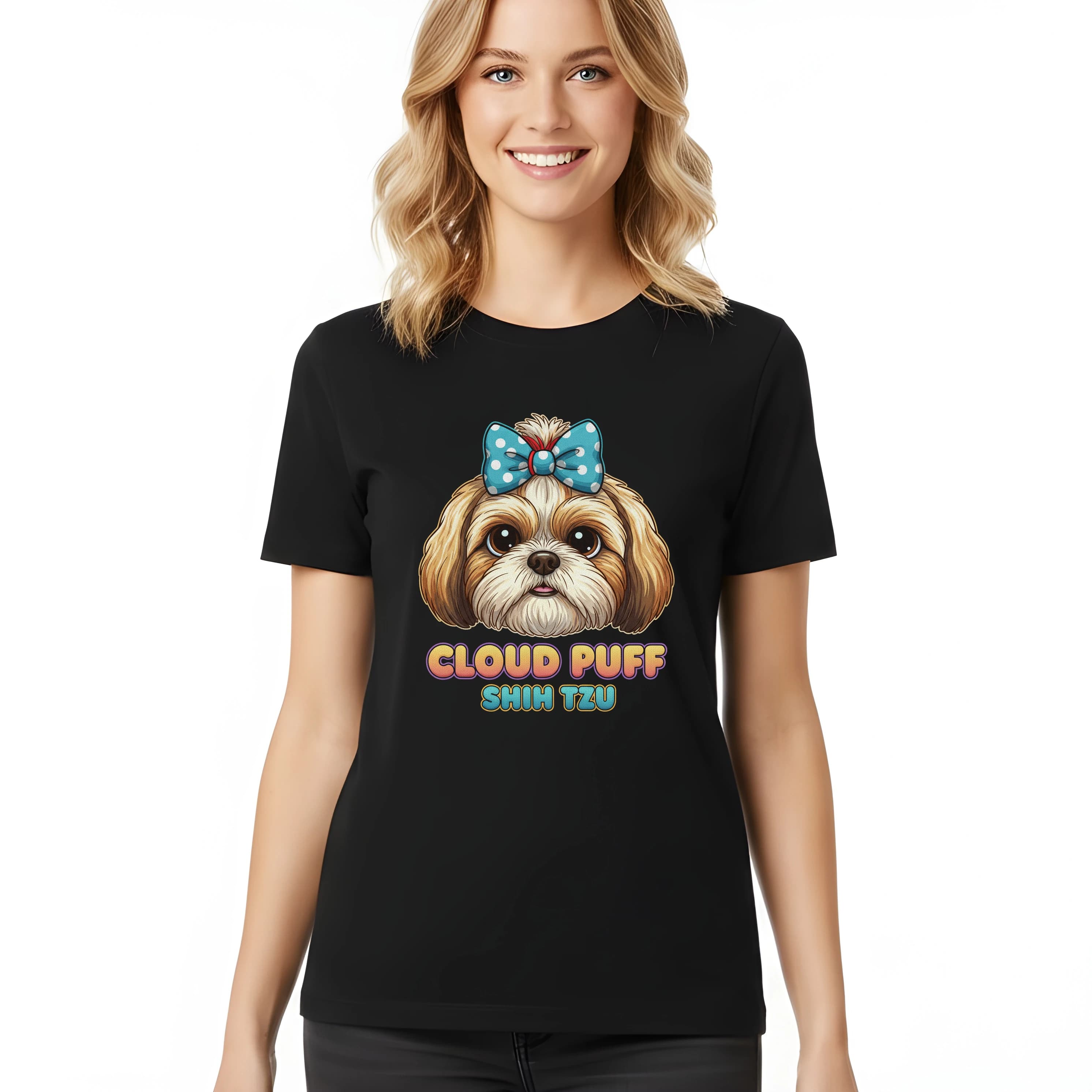 Dámske tričko Roztomilý Cloud Puff shih tzu s modrou mašľou