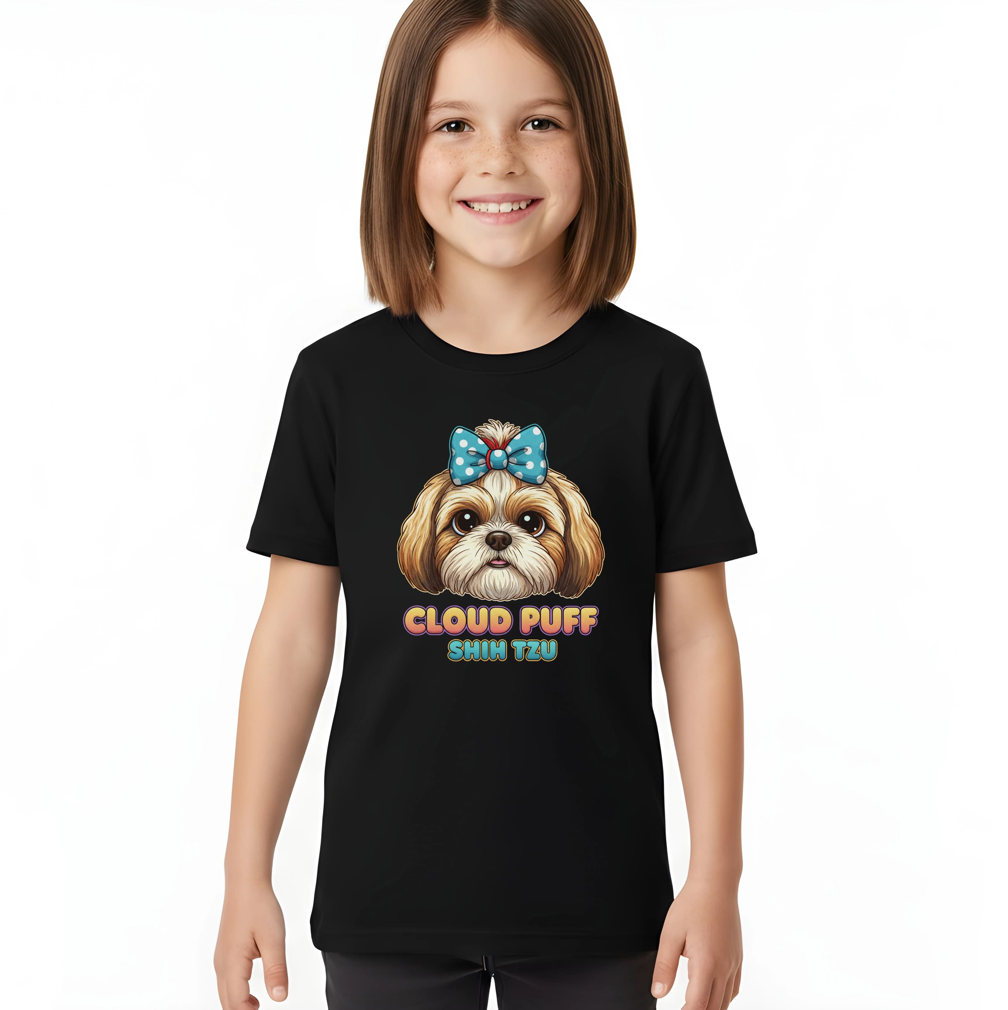 Detské tričko Roztomilý Cloud Puff shih tzu s modrou mašľou