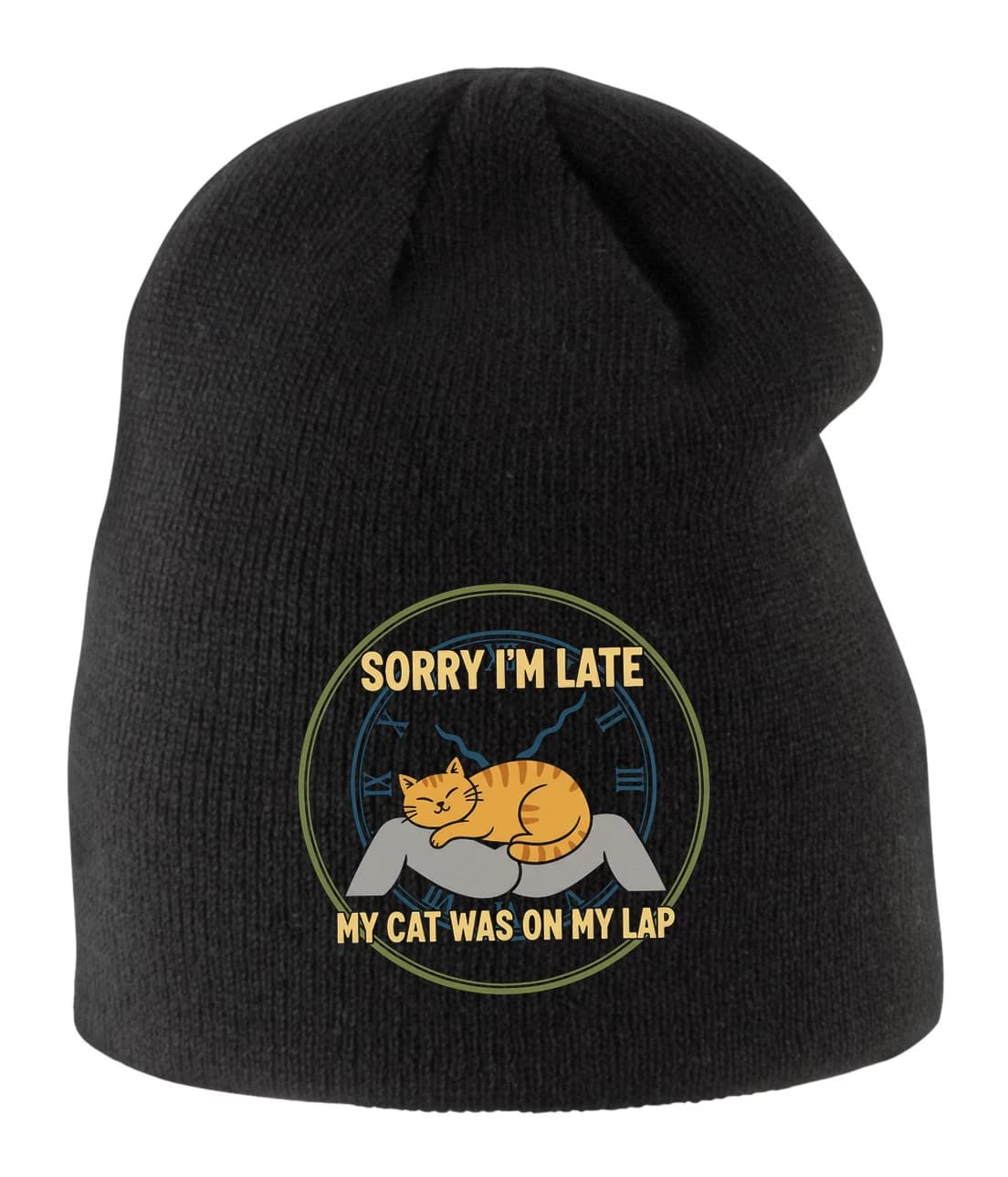 Detská zimná čiapka Sorry I'm Late Mačka na kolenách Hodiny počkajú